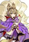  1girl absurdres blonde_hair bracelet cape chinese_commentary commentary_request crossover earmuffs fox highres jewelry looking_at_viewer multiple_tails ninetales pointy_hair pokemon pokemon_(creature) purple_cape purple_skirt ritual_baton sayoko404 sheath sheathed short_hair simple_background skirt smile sword tail touhou toyosatomimi_no_miko weapon white_background yellow_eyes yellow_fur 