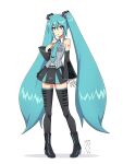  1girl :o aqua_eyes aqua_hair aqua_nails aqua_necktie aqua_skirt bare_shoulders black_boots black_skirt black_thighhighs blush boots breasts bright_pupils collared_shirt detached_sleeves digiral full_body grey_shirt guy_pointing_at_himself_(meme) hair_between_eyes hatsune_miku hatsune_miku_(vocaloid6) high_heel_boots high_heels highres knees long_hair meme midriff_peek miniskirt navel necktie pigeon-toed pointing pointing_at_self shirt signature simple_background skirt sleeveless sleeveless_shirt small_breasts solo spread_fingers striped_clothes striped_shirt thighhighs two-tone_shirt vertical-striped_clothes vertical-striped_shirt very_long_hair vocaloid vocaloid_boxart_pose white_background white_pupils wide_sleeves 