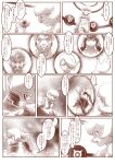  2boys 4girls back beard chibi commentary_request facial_hair frown greyscale hair_ornament highres mega_man_(series) mko_(artist) monochrome multiple_boys multiple_girls mustache open_mouth scar sera_(mega_man) short_hair sitting yuna_(mega_man) 