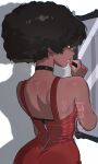  1girl ada_wong alternate_hairstyle alternate_skin_color applying_lipstick applying_makeup back bare_shoulders black_choker black_hair choker commentary cosmetics dark-skinned_female dark_skin darkened_skin dress english_commentary highres holding holding_lipstick_tube l33oh lipstick lipstick_tube makeup mirror off-shoulder_dress off_shoulder red_dress red_lips resident_evil resident_evil_2 resident_evil_2_(remake) short_hair solo upper_body watermark 