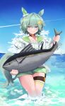  1girl absurdres animal animal_ears blue_eyes blue_sky blush brown_choker choker cloud commentary ear_covers fish flower green_sailor_collar green_shorts grey_hair hair_between_eyes hair_flower hair_ornament hairclip highres holding holding_animal holding_fish horse_ears horse_girl horse_tail long_sleeves looking_at_viewer ocean open_mouth sailor_collar seiun_sky_(reeling_in_the_big_one)_(umamusume) seiun_sky_(umamusume) shirt short_hair shorts single_ear_cover sky smile solo sunflower sunflower_hair_ornament tail timo_time11 umamusume wading water 