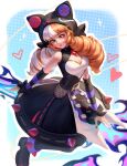  1girl absurdres animal_ears anklet bare_shoulders black_dress black_nails blue_eyes breasts brown_hair cleavage closed_mouth commentary detached_sleeves dress drill_hair english_commentary fake_animal_ears gwen_(league) heart heterochromia highres jewelry khoahugo158 league_of_legends looking_at_viewer multicolored_hair nail_polish red_eyes scissors smile solo soul_fighter_gwen spiked_anklet spikes striped_sleeves twin_drills twintails two-tone_hair white_background white_hair 