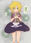  1girl :o black_skirt blonde_hair blush brown_shirt commentary_request doll ear_blush feet_out_of_frame green_eyes highres holding holding_doll koma_kitsune_(kururito) looking_at_viewer mizuhashi_parsee open_mouth pointy_ears sash shirt short_hair short_sleeves skirt solo standing straw_doll touhou translation_request v-shaped_eyebrows white_sash 