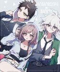  1girl 2boys :o ahoge bag belt black_belt black_necktie black_pants blush breasts brown_eyes brown_hair cleavage collarbone commentary danganronpa_(series) danganronpa_2:_goodbye_despair english_text green_eyes green_jacket grey_hair grey_sweater_vest hair_between_eyes hair_intakes hair_ornament highres hinata_hajime hood hooded_jacket jacket jacket_on_shoulders jewelry komaeda_nagito large_breasts long_sleeves looking_at_viewer medium_hair multiple_boys nanami_chiaki necklace necktie nekojiri pants pink_eyes sanrio short_hair shorts shoulder_bag sweater_vest white_belt white_jacket white_shorts 