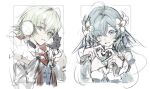  1boy 1girl adjusting_clothes ahoge alyosha_(genshin_impact) bare_shoulders black_choker black_gloves black_shirt blue_eyes blue_jacket blush border breasts cape choker commentary_request detached_sleeves dress earmuffs earrings fins flower frilled_choker frills fur-trimmed_cape fur_trim genshin_impact gloves green_hair hair_between_eyes hair_flower hair_ornament hair_over_one_eye hand_up hands_up head_fins heart heart_hands hood hooded_cape jacket jewelry korean_commentary long_hair long_sleeves looking_at_viewer medium_breasts necklace one_eye_closed outside_border pearl_hair_ornament puffy_detached_sleeves puffy_long_sleeves puffy_sleeves qjatjrl9 shirt short_hair sidelocks simple_background single_earring sketch sleeveless sleeveless_dress smile steam teeth translation_request turtleneck turtleneck_shirt upper_body very_long_hair vodyanitsa_(genshin_impact) wavy_hair white_background white_border white_cape white_dress white_flower white_sleeves yellow_eyes 