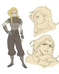  1girl armor armored_boots asymmetrical_hair avatar_aang:_the_last_airbender avatar_legends baggy_pants blonde_hair boots brown_boots brown_gauntlets brown_pants brown_scarf closed_mouth concept_art freckles full_body gauntlets green_eyes highres kallick_(avatar) ki_hyun_ryu long_single_sidelock looking_at_viewer multiple_views official_art open_mouth pants reference_sheet scar scarf shoulder_armor simple_background sketch solo white_background 