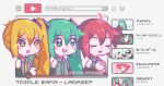  3girls :d akita_neru bare_shoulders black_sleeves blush_stickers chibi chibi_only closed_eyes collared_shirt commentary detached_sleeves double-parted_bangs fake_screenshot fukkireta green_eyes green_hair green_necktie grey_shirt hair_between_eyes hatsune_miku infra-angel kasane_teto kasane_teto_(utau) long_hair long_sleeves magnet_(vocaloid) multiple_girls necktie open_mouth own_hands_clasped own_hands_together pixel_art poppippoo_(vocaloid) rolling_girl_(vocaloid) shirt short_hair side_ponytail sleeveless sleeveless_shirt smile teeth triple_baka_(group) triple_baka_(vocaloid) twintails upper_body upper_teeth_only utau v-shaped_eyebrows vocaloid world_is_mine_(vocaloid) yellow_necktie youtube 