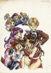  3boys 5girls arms_up asamiya_athena baseball_cap black_bow black_bowtie black_eyes black_gloves black_hair black_pantyhose black_shirt black_shoes blonde_hair blue_eyes blue_jacket blue_pants blue_shirt blue_shorts boots bow bowl_cut bowtie braid brown_eyes brown_hair brown_jacket brown_shoes brown_suit closed_mouth collared_shirt crossed_wrists crossover cup dougi dress drinking_glass earrings energy_gun fingerless_gloves folded_fan folding_fan furusawa_jun'ya glasses gloves grin gun hair_ornament hand_fan hand_on_another's_head hand_on_own_hip hand_up hat headband highres holding holding_cup holding_fan holding_gun holding_weapon jacket japanese_clothes jeff_andonuts jewelry kimono king_(snk) looking_at_another looking_at_viewer mother_(series) mother_2 motoyui multiple_boys multiple_girls ness_(mother_2) on_one_knee one_eye_closed open_clothes open_jacket open_mouth painting_(medium) pants pantyhose paula_(mother_2) pelvic_curtain pink_dress pink_pants pink_shirt ponytail poo_(mother_2) purple_hair red_boots red_gloves red_hat red_headband red_kimono red_sash sash shiranui_mai shirt shoes short_hair shorts side_slit single_braid sleeveless sleeveless_dress sleeveless_kimono smile sneakers star_(symbol) star_hair_ornament striped_clothes striped_shirt suit the_king_of_fighters the_king_of_fighters_'94 third-party_source traditional_media two-tone_shirt v very_short_hair waving weapon white_sash white_shirt year_connection yellow_shirt yuri_sakazaki 
