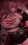  1girl absurdres antenna_hair arknights bare_shoulders bed bed_sheet belt black_belt black_gloves black_jacket black_shorts blush breasts closed_mouth collarbone commentary detonator english_commentary fingerless_gloves from_above gloves grey_hair hair_between_eyes hair_intakes heart highres horns jacket kejuasin large_breasts long_hair looking_ahead lying nail_polish on_back on_bed open_clothes open_jacket orange_eyes paid_reward_available pillow pouch red_horse red_nails short_shorts shorts sidelocks solo strap sweat symbol-shaped_pupils tail tank_top unzipped very_long_hair w_(act_ii)_(arknights) w_(arknights) white_tank_top 