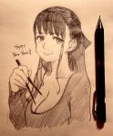  1girl :t blush breasts chopsticks cleavage closed_mouth collarbone commentary cropped_torso english_text eyelashes graphite_(medium) hair_ribbon hand_up happy_new_year highres holding holding_chopsticks jun_(navigavi) large_breasts long_hair long_sleeves looking_at_viewer monochrome nose original paper_background photo_(medium) ribbon scoop_neck sidelocks sketch smile solo sweater traditional_media unfinished 