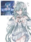  1girl ahoge aqua_hair bare_shoulders closed_eyes collar commentary_request cowboy_shot derivative_work detached_collar detached_sleeves dress fins flower genshin_impact hair_flower hair_ornament hair_over_one_eye head_fins heart highres long_hair nayuta_(8888_mugen) open_mouth reference_inset screenshot_redraw sidelocks simple_background single_hair_intake smile solo very_long_hair vodyanitsa_(genshin_impact) white_background white_collar white_dress white_flower white_sleeves 