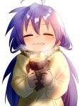  1girl :3 ahoge bag blue_hair blush closed_eyes coat commentary eating enpera food food_on_face gsa082rnw highres holding holding_food izumi_konata long_hair long_sleeves lucky_star mole mole_under_eye nose_blush paper_bag plaid_clothes plaid_scarf potato roasted_sweet_potato scarf smile solo steam sweet_potato upper_body very_long_hair white_background 