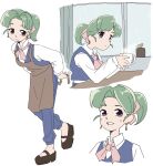  1girl apron blue_pants blue_vest brown_apron brown_shoes cup curtains earrings full_body green_hair hatsuseno_alpha highres holding holding_cup jewelry kataya_mine looking_at_viewer multiple_views pants ponytail purple_eyes shirt shoes simple_background sitting smile standing steam table upper_body vest waitress white_background white_shirt window yokohama_kaidashi_kikou 