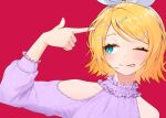  1girl blonde_hair blue_eyes bow bow_hairband clothing_cutout commentary_request facing_viewer finger_gun finger_gun_to_own_head hair_bow hair_ornament hairband hairclip kagamine_rin karama_(pixiv_44700380) long_sleeves looking_to_the_side parallel_hairclips purple_shirt red_background shirt short_hair shoulder_cutout simple_background smile solo tongue tongue_out vocaloid white_bow 