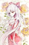  1girl absurdres bow collared_shirt commentary flower flower_request fujiwara_no_mokou grey_hair hair_bow highres juliet_sleeves long_hair long_sleeves looking_at_viewer multiple_hair_bows navybluesparrow ofuda ofuda_on_clothes painting_(medium) pants puffy_sleeves red_eyes red_pants shirt solo suspenders touhou traditional_media very_long_hair watercolor_(medium) white_shirt yellow_flower 