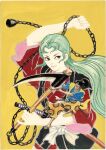  1960s_(style) 1boy 1girl arm_up black_eyes black_hair black_haori blue_kimono bonten_tarou brown_eyes chain closed_mouth eyelashes frown green_hair haori highres holding holding_chain holding_sickle holding_sword holding_weapon japanese_clothes katana kimono kusarigama long_sleeves motoyui multiple_swords orange_pants original painting_(medium) pants ponytail red_kimono retro_artstyle sandals sash sheath sheathed short_hair short_kimono sickle sideways_glance simple_background smile standing standing_on_one_leg sword third-party_source traditional_media unsheathed weapon white_sash yellow_background yellow_haori zouri 