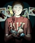  1girl blood blood_on_clothes blood_on_face brown_hair camera_flash commentary constricted_pupils fish gun guro highres holding holding_gun holding_weapon photo_(object) print_shirt red_shirt rick_and_morty rick_sanchez shirt short_hair si_tou solo t-shirt weapon wide-eyed 