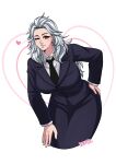  1girl absurdres artist_name ass black_necktie black_suit breasts business_suit collared_shirt commentary dorohedoro grey_hair highres huge_ass jacket jewelry korzynka_persykiv large_breasts long_hair long_sleeves looking_at_viewer makeup necktie noi_(dorohedoro) office_lady one_eye_closed pants pencil_skirt red_eyes shirt signature simple_background skirt skirt_suit smile solo standing suit white_background white_hair wide_hips 