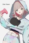  1girl :o alternate_costume belt black_shirt breasts brown_hair character_name collarbone commentary_request controller cowboy_shot danganronpa_(series) danganronpa_2:_goodbye_despair flipped_hair game_controller hair_ornament highres holding holding_controller holding_game_controller hood hood_up jacket jewelry large_breasts long_sleeves medium_hair miniskirt nanami_chiaki necklace phare_(spring_ha1ru) pink_eyes shirt simple_background skirt sleeves_past_wrists white_belt white_jacket white_skirt 