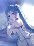  1girl absurdres ahoge bare_shoulders blue_eyes blue_hair blush commentary dress gloves gramophone_miku gramophone_miku_(frostflower) hair_between_eyes hair_ornament hatsune_miku highres long_hair looking_at_viewer miku_symphony_(vocaloid) moboireach official_alternate_costume official_alternate_hairstyle open_mouth smile solo strapless strapless_dress symphony_miku tutu twintails upper_body very_long_hair vocaloid white_dress white_gloves 