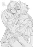  2boys ahoge alyosha_(genshin_impact) ascot blush cape clenched_hand collared_jacket collared_shirt commentary_request constellation_print earmuffs fur-trimmed_cape fur_trim genshin_impact gloves greyscale hair_between_eyes half-closed_eyes hand_on_another's_chest hand_on_another's_waist hand_up heart high_collar highres hood hooded_cape jacket long_sleeves looking_at_another male_focus mitya_(genshin_impact) monochrome multiple_boys open_clothes open_jacket pants pocket puffy_long_sleeves puffy_sleeves scarf shirt short_hair simple_background sitting sitting_on_lap sitting_on_person smile speech_bubble sweat tassel teeth thigh_strap thought_bubble wavy_hair yamadearu0a0 yaoi 