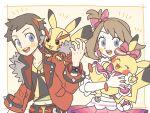  1boy 1girl 28_(eep228) :d belt blush_stickers bow bracelet brendan_(pokemon) brown_hair commentary_request cosplay_pikachu eyelashes grey_eyes hand_up highres holding holding_pokemon jacket jewelry korean_commentary may_(pokemon) medium_hair midriff midriff_peek navel on_shoulder one_side_up open_clothes open_jacket open_mouth pants pikachu pikachu_pop_star pikachu_rock_star pink_bow pokemon pokemon_(creature) pokemon_omega_ruby_and_alpha_sapphire pokemon_on_shoulder shirt skirt smile teeth upper_teeth_only white_shirt 
