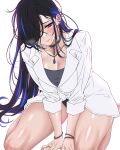  1girl ayase_yuu ayase_yuu_(2nd_costume) black_choker black_hair black_shorts blue_streaks blush bracelet breasts choker closed_mouth collarbone collared_shirt commentary_request dress_shirt ear_piercing earrings embarrassed grey_sports_bra hair_over_one_eye highres jewelry long_hair long_sleeves looking_to_the_side maximum_pamyu multicolored_hair multiple_bracelets multiple_earrings necklace no_tattoo pendant_choker phase_connect piercing pink_lips ring shirt short_shorts shorts simple_background sitting sleeves_rolled_up solo spiked_ear_piercing sports_bra streaked_hair very_long_hair virtual_youtuber wariza white_background white_shirt 