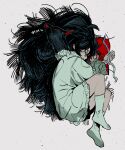 1girl black_hair commentary cushion english_commentary full_body lace-trimmed_shirt lace_trim long_hair long_shirt lying original pankepen shirt sleeping socks tongue tongue_out very_long_hair white_shirt white_socks wolf 