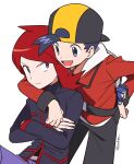  2boys :d backwards_hat black_hair black_hat black_pants chueog closed_mouth cowlick crossed_arms ethan_(pokemon) grey_eyes hat highres jacket long_hair long_sleeves male_focus multiple_boys open_mouth pants parted_bangs pokegear pokemon pokemon_heartgold_and_soulsilver purple_pants red_hair red_jacket short_hair silver_(pokemon) simple_background smile teeth white_background 