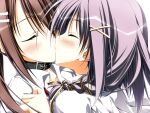  2000s_(style) 2girls belt_collar black_choker blush brown_hair choker closed_eyes collar collared_shirt game_asset hair_ornament hairclip hand_on_another's_chest kagome_(traumatize) kiss looking_at_another minakami_yuki multiple_girls non-web_source nude official_art parallel_hairclips self-datamine shirt subarashiki_hibi tongue tongue_out variant_set visual_novel_cg wakatsuki_tsukasa white_background white_shirt yuri 