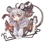  1girl alolan_rattata alternate_color animal_ears basket black_skirt black_vest brown_shoes capelet chinese_commentary commentary_request crossover dowsing_rod full_body grey_capelet grey_hair highres holding holding_with_tail jewelry long_sleeves looking_at_viewer medium_hair mouse_ears mouse_girl mouse_tail nazrin open_mouth pendant pokemon pokemon_(creature) prehensile_tail red_eyes sayoko404 shiny_pokemon shoes simple_background skirt socks tail touhou vest white_background white_socks 