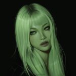  1girl black_background black_shirt blonde_hair commentary east_asian empty_eyes eyelashes freckles head_tilt highres kim_chaewon le_sserafim limited_palette long_hair looking_to_the_side multicolored_hair nose parted_lips portrait realistic roots_(hair) shirt simple_background teeth wind_fy 
