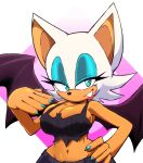  1girl absurdres alternate_costume animal_ears animal_nose aqua_eyes aqua_nails bare_arms bare_shoulders bat_ears bat_girl bat_wings black_pants black_shirt blue_eyeshadow blue_nails body_fur breasts casual cleavage crop_top denim eyelashes eyeshadow fang fingernails furry furry_female half-closed_eyes hand_on_own_hip hand_up highres kad_productions large_breasts lipstick long_fingernails looking_at_viewer makeup midriff nail_polish narrow_waist navel no_gloves pants rouge_the_bat sharp_fingernails shirt short_hair simple_background smile solo sonic_(series) tank_top teeth tongue tongue_out white_fur white_hair wings 