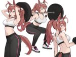  1girl ahoge animal_ears armpits arms_up ass back barbell bare_shoulders black_leggings blue_eyes blush breasts brown_hair cleavage dumbbell exercising grey_hairband hair_between_eyes hair_tie_in_mouth hairband highres holding holding_dumbbell horse_ears horse_girl horse_tail large_breasts leggings long_hair midriff mihono_bourbon_(umamusume) mouth_hold navel parted_lips shoes shuuzo3 silver_hairband sports_bra squat_(exercise) tail tying_hair umamusume weightlifting weights white_hairband white_sports_bra workout_clothes wristband 