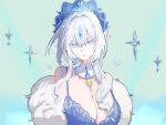  1girl anastasya_feodorovna_snezhnaya bare_shoulders blue_background blue_bra blue_eyes blue_gem blue_tiara bra breasts cleavage closed_mouth colored_eyelashes commentary cuhp diamond_(shape) double-parted_bangs english_commentary floating floating_object fur_trim gem genshin_impact gradient_background hair_between_eyes hair_intakes head_tilt headpiece highres large_breasts long_hair pointy_ears ring_light_reflection sidelocks smile solo star_(symbol) symbol-shaped_pupils underwear upper_body very_long_hair white_eyelashes white_hair yellow_gem 