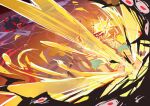  absurdres black_kimono bleach bleach:_sennen_kessen-hen blood blood_on_face chi_kusari_no_ichigo commentary darkness energy energy_chains extra_eyes floating_hair flower highres inoue_orihime japanese_clothes kimono kurosaki_ichigo light_rays long_hair lotus orange_hair outstretched_arms red_eyes shun_shun_rikka sword virgoart weapon yhwach 