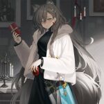  1girl absurdres aer7o animal_ears arknights brown_hair candelabra candle candlestand coat commentary cup duplicate gift hair_ornament highres holding holding_cup long_hair penance_(arknights) penance_(occasionally_flushed)_(arknights) picture_frame solo sweater turtleneck wolf_ears wolf_girl yellow_eyes 