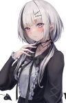  1girl absurdres asumi_sena black_bow black_choker black_ribbon black_shirt black_streaks blush bow center_frills choker collarbone commentary_request criss-cross_straps demon_tail fingernails frills grey_hair hair_ornament hair_over_shoulder hairclip hand_up highres juliet_sleeves long_hair long_sleeves looking_at_viewer low_twintails multicolored_hair multiple_hairclips parted_lips pink_eyes puffy_sleeves raised_eyebrows ribbon sakahana shirt simple_background solo streaked_hair tail twintails upper_body virtual_youtuber vspo! white_background 