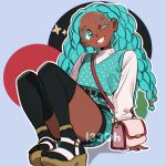  1girl alternate_costume alternate_hairstyle alternate_skin_color aqua_eyes aqua_hair aqua_vest bag belt black_belt black_thighhighs dark-skinned_female dark_skin darkened_skin freeform_miku full_body hatsune_miku highres l33oh long_hair one_eye_closed shoulder_bag sweater thighhighs turtleneck turtleneck_sweater very_long_hair vest vocaloid 