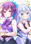  2girls :o angora_rabbit animal_on_head back-to-back blue_bow blue_eyes blue_hair blue_vest blush bow breasts chestnut_mouth coat collared_shirt commentary_request cowboy_shot gochuumon_wa_usagi_desu_ka? hair_ornament hairclip hand_up highres holding holding_tray kafuu_chino kohakugin long_hair long_sleeves looking_at_viewer medium_breasts multiple_girls on_head purple_bow purple_eyes purple_hair purple_vest rabbit rabbit_house_uniform rabbit_on_head shirt tedeza_rize tippy_(gochiusa) tray twintails vest waitress white_shirt wing_collar winter_clothes winter_coat x_hair_ornament 