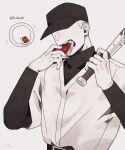  1boy add-on_(off) arm_up arms_up baseball_bat baseball_cap baseball_uniform belt belt_buckle blood blood_on_weapon buckle commentary_request eating food food_in_mouth hat highres holding holding_baseball_bat holding_food layered_clothes layered_sleeves long_sleeves male_focus meat metal_baseball_bat off_(game) open_mouth seikoo_caffeine shirt short_hair short_over_long_sleeves short_sleeves simple_background sportswear spot_color teeth the_batter_(off) v-neck very_short_hair weapon white_background 