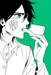  1boy absurdres adam's_apple bleach bleach:_the_high_school_warfare buttons dress_shirt eubneung10571 from_side gauze gauze_on_cheek green_background green_eyes greyscale_with_colored_background highres jacket male_focus shirt short_hair simple_background solo ulquiorra_cifer 