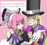  1boy 1girl ascot asymmetrical_gloves avery_(pokemon) black_ascot black_hat blonde_hair blue_eyes bow bracelet breasts collared_shirt commentary_request drill_hair drill_sidelocks eyeshadow flipped_hair fur_jacket glasses gloves hair_bow hairband hat heart highres jacket jewelry klara_(pokemon) lipstick long_hair makeup medium_breasts mismatched_gloves mole mole_under_mouth odaibako one_eye_closed pink_eyeshadow pink_hair pink_lips pococh_oekaki pokemon pokemon_sword_and_shield print_shirt purple_eyes request_inset ring round_eyewear shaded_face shirt short_hair sidelocks smile sweatdrop top_hat two-tone_shirt upper_body white_bow white_hairband 
