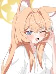  1girl absurdres alternate_costume animal_ear_fluff animal_ears blue_archive blue_eyes blush commentary_request fox_ears hair_intakes halo highres korean_commentary long_hair looking_at_viewer mari_(blue_archive) one_eye_closed open_mouth orange_hair shirt short_sleeves simple_background smile solo upper_body white_background white_shirt yamgmalhui yellow_halo 