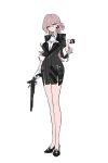 1girl absurdres ascot asymmetrical_gloves braid brown_hair character_request coat_dress collared_shirt copyright_request crossed_bangs danaid_ianad dress earclip earrings finger_cots full_body gloves gun hair_rings half_crown_braid high_heels highres holding holding_gun holding_weapon jewelry long_hair looking_at_viewer mismatched_gloves parted_lips purple_eyes shirt sidelocks sleeves_rolled_up solo thighs weapon white_ascot white_gloves 