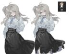  1girl 4781696637 :| ahoge black_skirt blonde_hair blue_necktie breasts closed_mouth collared_shirt cowboy_shot degrees_of_lewdity double-parted_bangs empty_eyes freckles hair_ornament hairclip heavy_breathing high-waist_skirt highres long_hair long_skirt necktie one_side_up original parallel_hairclips player_character_(degrees_of_lewdity) player_character_(female)_(degrees_of_lewdity) school_uniform screenshot_inset shirt simple_background single_hair_intake skirt small_breasts smile suggestive_fluid torn_clothes torn_skirt white_background white_shirt yellow_eyes 