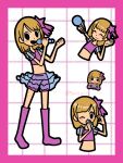  1girl 9648gin :d blonde_hair blush_stickers boots character_and_character_item character_doll closed_eyes commentary_request crop_top doll grid_background hair_ornament half-heart_hands hand_up heart heart_hands highres holding holding_microphone idol idol_rena looking_at_viewer meme microphone one_eye_closed pink_background purple_boots purple_shirt rhythm_tengoku rhythm_tengoku_miracle_stars see-through_clothes see-through_skirt see-through_sleeves shirt short_hair singing skirt smile star_(symbol) star_hair_ornament stuffed_toy 