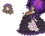  0wjjw7 1girl bonnet breasts brown_hair chibi cleavage cleavage_cutout clothing_cutout collar commentary dress expressionless frilled_dress frills highres holding holding_umbrella la_manchaland_(identity)_(project_moon) large_breasts limbus_company long_hair long_sleeves no_feet parasol project_moon purple_bonnet red_eyes rodion_(project_moon) simple_background umbrella vampire white_background 