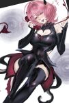  1girl black_dress black_horns black_thighhighs breasts cleavage_cutout clothing_cutout commentary detached_sleeves dress fake_horns fake_tail highres horns liqlqo medium_hair pink_hair purple_eyes remielle_dan simple_background solo tail thighhighs zenless_zone_zero 