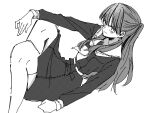  1girl ayu_(ayu_illustrate) blush commentary dress foot_out_of_frame fujishima_megumi greyscale hasu_no_sora_school_uniform highres long_hair looking_at_viewer love_live! love_live!_hasu_no_sora_jogakuin_school_idol_club medium_dress monochrome neckerchief one-hour_drawing_challenge pleated_dress sailor_collar sailor_dress school_uniform simple_background sitting solo two_side_up untranslatable_commentary v-shaped_eyebrows virtual_youtuber white_background winter_uniform 